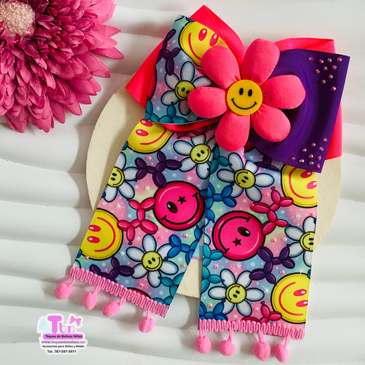 Lazo Grande Coletero Happy face Flor Rosa